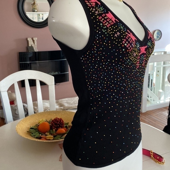 Vintage Black Fully Beaded  multicolour Sleeveless Sweater Top Sz L - Picture 6 of 14